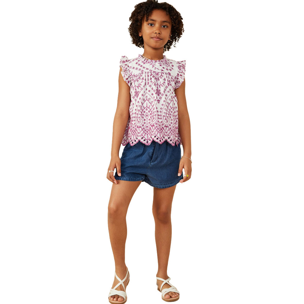 Girls' Hayden Embroidered Scalloped Hem Short Ruffle Sleeve Top