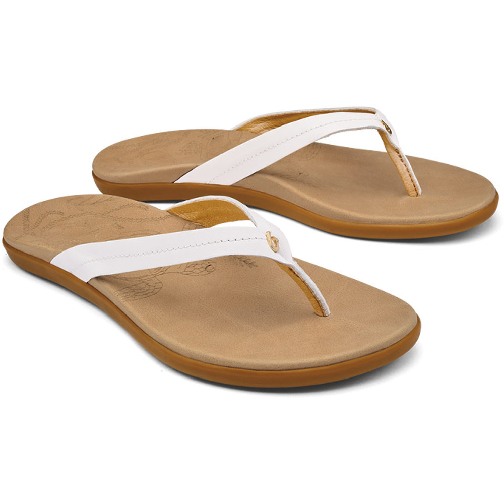 Women's Olukai Honu Leather Sandals - Bright White | Eagle Eye