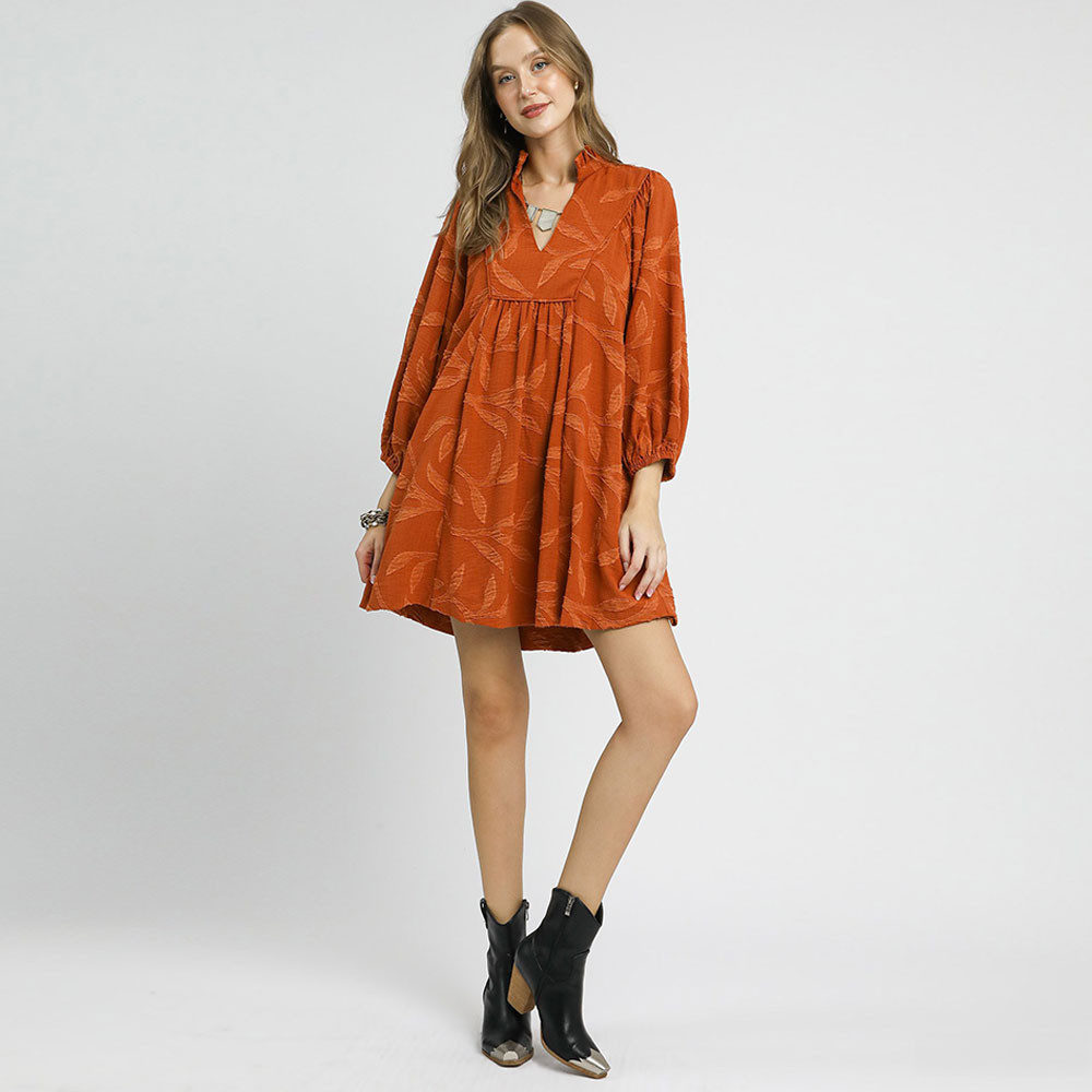 Women's Umgee Jacquard High Ruffle Neck Mini Dress - Rust Orange