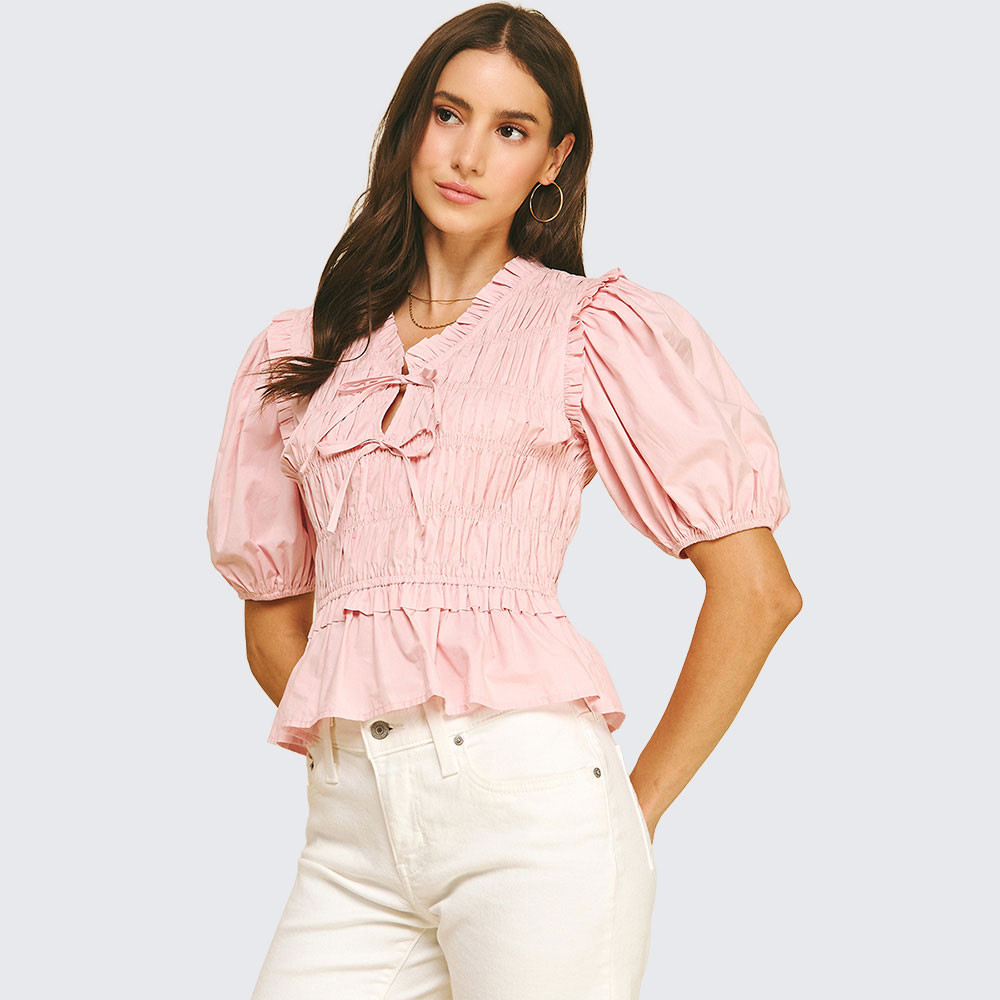 aiko様front button shirring cuffs blouse Women's Pinch Front Tie Shirring Blouse - Soft Pink | Eagle Eye