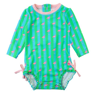 Infant/Toddler Girls' RuffleButts Long Sleeve One Piece Rash Guard - Neon Flamingo Stripe