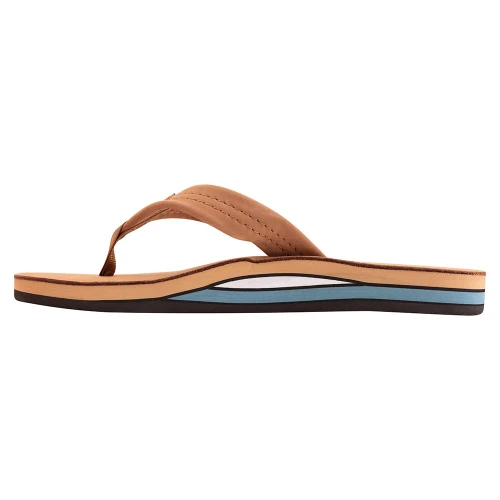Men's Rainbow Double Layer Arch Support Classic Leather Flip Flops Tan And Blue Side View