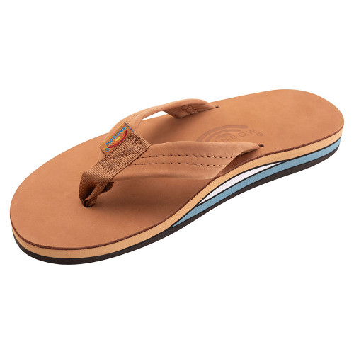 Men's Rainbow Double Layer Arch Support Classic Leather Flip Flops Tan And Blue Front Angled View