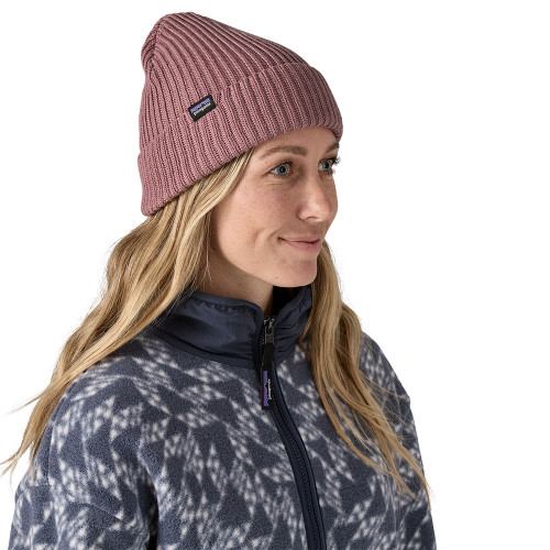 Women's Patagonia Fisherman's Rolled Beanie Stormy Mauve Model Front Side Women's Patagonia Fisherman's Rolled Beanie Stormy Mauve Model Front Side