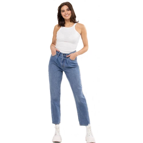 Women's Cello High Rise Slim Straight Leg Front Pleat Jean Medium Denim Front
