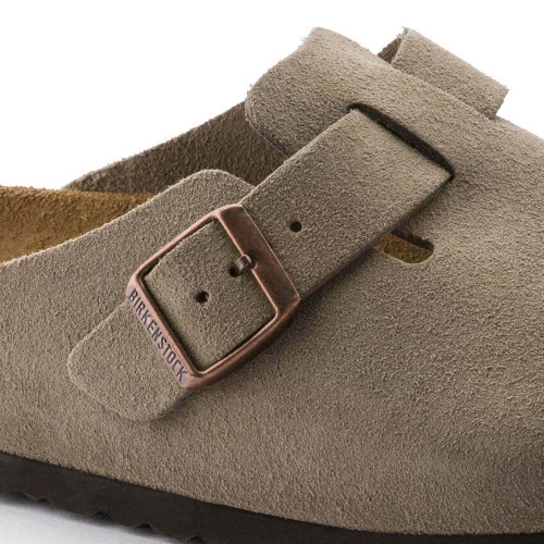 Men's Birkenstock Boston Soft Footbed Taupe Clog closeup Men's Birkenstock Boston Soft Footbed Taupe Clog closeup