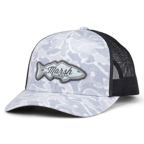Men's Marsh Wear Redfish Logo Trucker Hat Hazy Copahee Camo Front