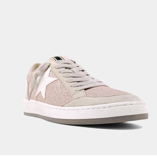 Women's Shu Shop Paz Sneaker Champagne Glitter Front Angled