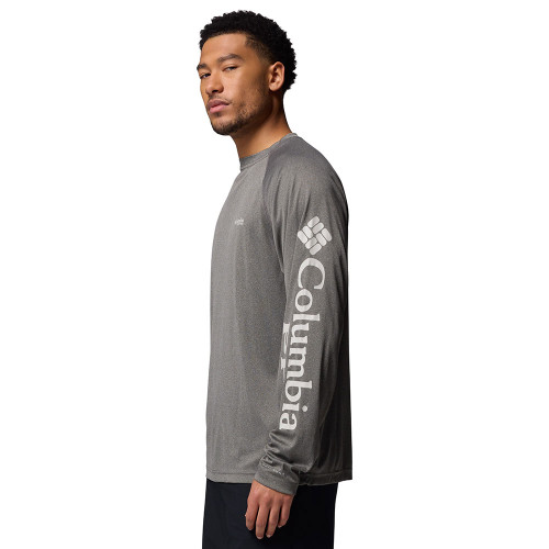 Men's Columbia PFG Terminal Tackle Long Sleeve Shirt Charcoal Heather/Cool Grey Logo Side