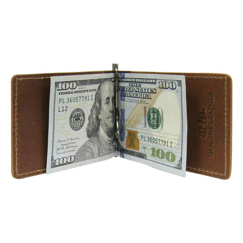 Men's Zep-Pro Collegiate Embossed Tan Leather Front Pocket Money Clip Wallet
 Inside