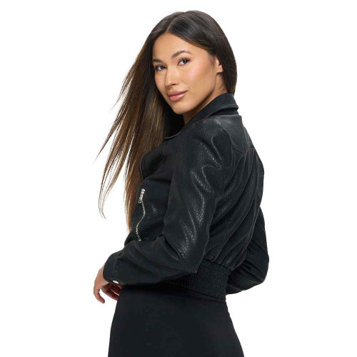 Women's Coalition LA Vegan Leather Shirt Collar Bomber Jacket Back