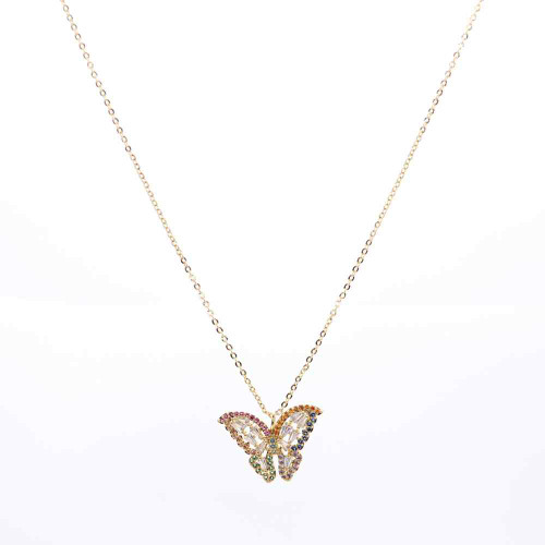This is a beautiful gold butterfly pendant necklace which includes Pave' accents. These are gemstones with little or no space between them. It offers a 15" gold chain in a lovely gold tin perfect for gift-giving.  This necklace looks great dressed up or down and/or layered with other necklaces.

15" Gold Chain with a 3" extension
Pave' accents
Packaged in a gold tin