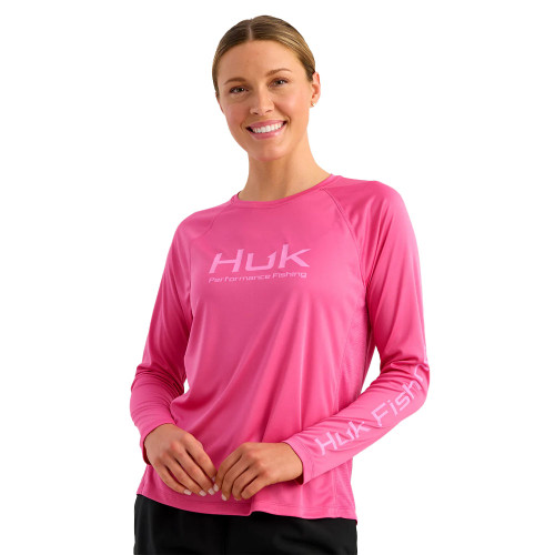 Women's Huk Long Sleeve Pursuit Tee Fuchsia Splash Main