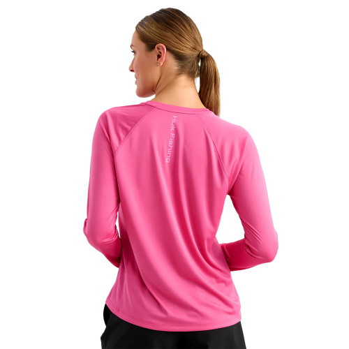 Women's Huk Long Sleeve Pursuit Tee Fuchsia Splash Back