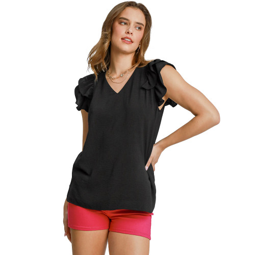 Women's Umgee V-Neck Flutter Sleeve Top Black Main