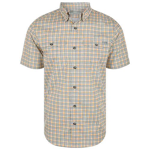 Men's Drake Short Sleeve Frat Tattersall Button Up Shirt Autumn Glory Orange Front Of Shirt