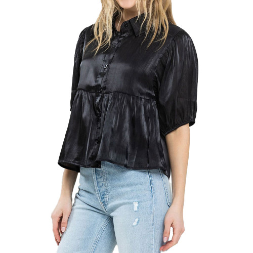 Women's TCEC Short Sleeve Ruffle Hem Button Down Black Top side