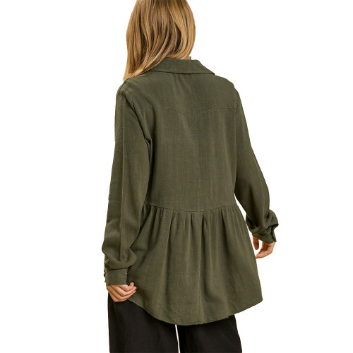 Women's Umgee Button Down Collar Babydoll Army Shirt back Women's Umgee Button Down Collar Babydoll Army Shirt back