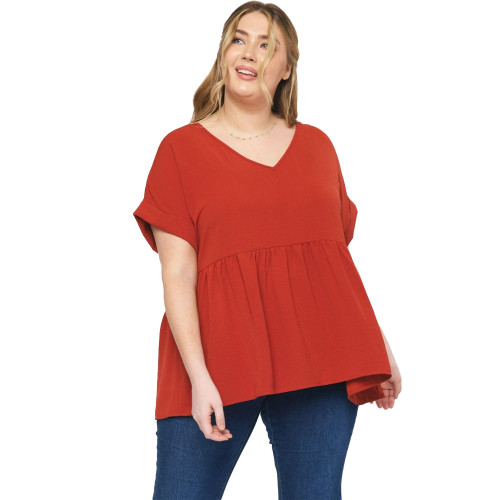 Women's Entro V-Neck Babydoll Blouse - Plus Size Brick Main