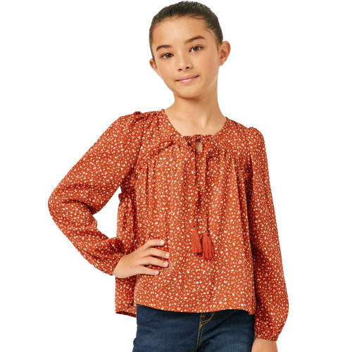 Girls' Hayden V-Cut Neckline Tasseled Rust Blouse