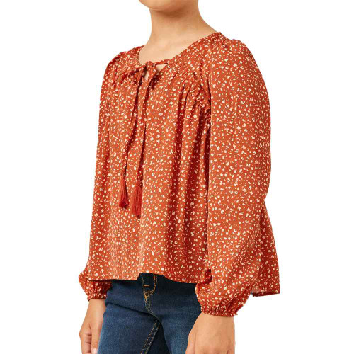 Girls' Hayden V-Cut Neckline Tasseled Rust Blouse side Girls' Hayden V-Cut Neckline Tasseled Rust Blouse side