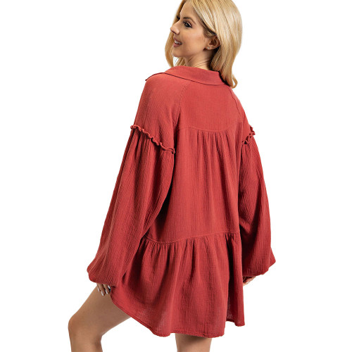 Women's Easel Cotton Gauze Ruffle Bottom Tunic Red Bean Back
