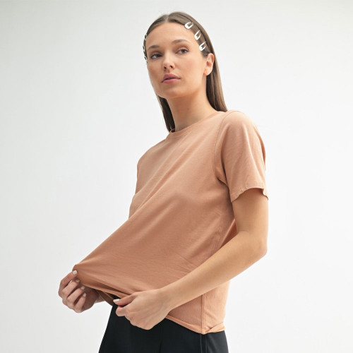 Women's Mono B Boxy Fit Tee Toasted Almond Tan Side