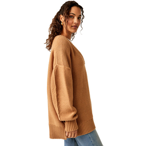 Women's Free People Alli V-Neck Sweater Camel Side Women's Free People Alli V-Neck Sweater Camel Side