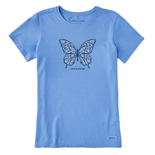 Women's Life is Good Ditsy Floral Butterfly Cornflower Blue Tee