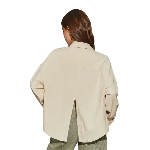 Women's Mustard Seed Collard Button Up Shirt in Beige Back