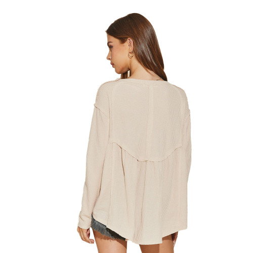 Women's Mustard Seed Flare Waffle Knit Top in Light Beige Back