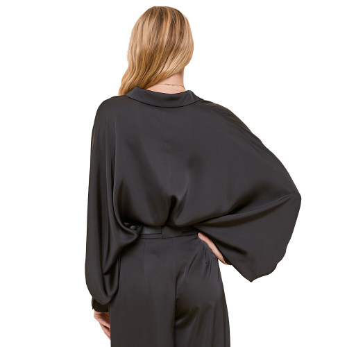 Women's Mustard Seed Button Up Top with Balloon Sleeves in Black Back