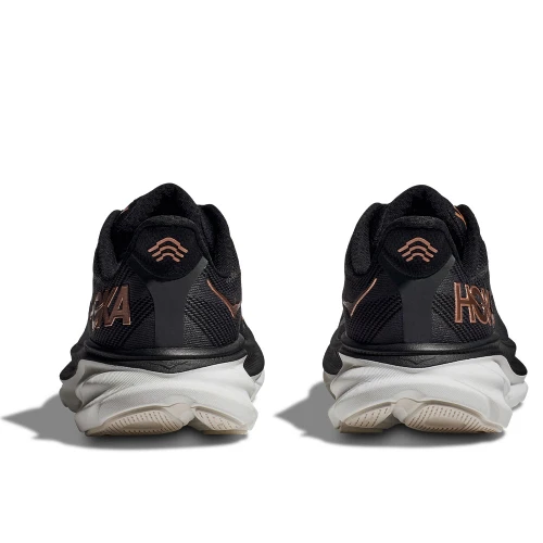 Women's HOKA Clifton 9 Sneaker Black Rose Gold Heel
