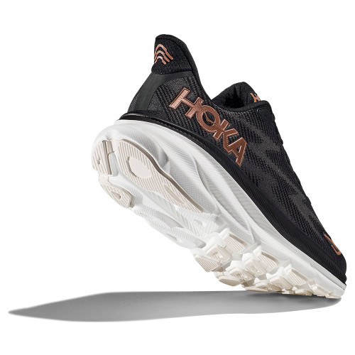 Women's HOKA Clifton 9 Sneaker Black Rose Gold Back Angled