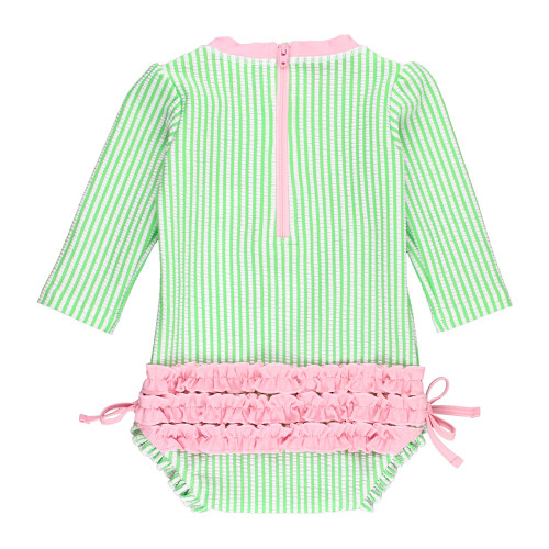 Infant/Toddler RuffleButts Spring Green Seersucker Long Sleeve One Piece Rash Guard Multi Back