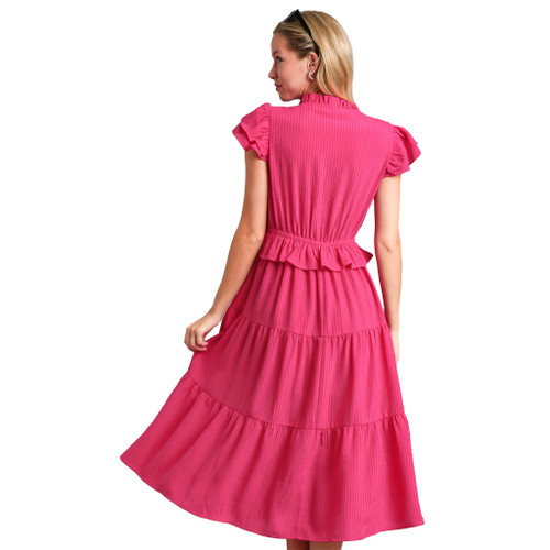 Women's Umgee Midi Tiered Hot Pink Dress With Ruffles back