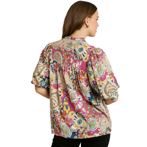 Women's Umgee Ruffle Neck Blouse Pink Mix Back