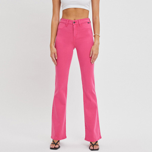 Women's Cello Mid Rise Flare Jean - Raspberry Front