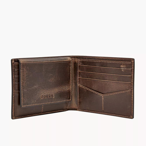 Men's Fossil Derrick RFID Passcase Wallet Dark Brown Open