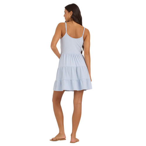 Women's Vintage Havana Rib Knit Twist Front Mini Dress Coastal Blue Back Model View