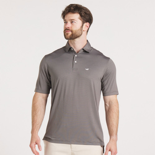 Men's Southern Marsh Bermuda Performance Polo - Wellington Stripe Mountain Purple Gray Model Front Men's Southern Marsh Bermuda Performance Polo - Wellington Stripe Mountain Purple Gray Model Front