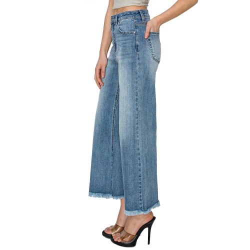 Women's Risen High Rise Crop Frayed Denim Jeans Medium Side