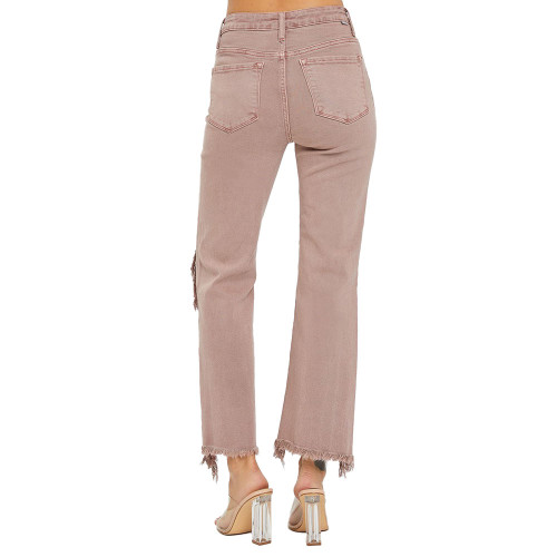 Women's Risen High Rise Distressed Knee Crop Straight Pants Mauve Back