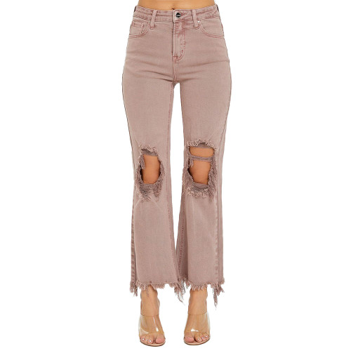 Women's Risen High Rise Distressed Knee Crop Straight Pants