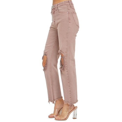 Women's Risen High Rise Distressed Knee Crop Straight Pants Mauve Side