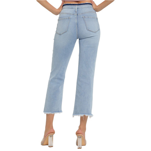 Women's Risen High Rise Crop Flare Frayed Hem Jeans - Light Wash Back