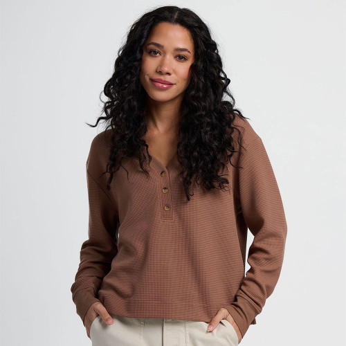 Women's Free Fly Long Sleeve Waffle Henley Top Nutmeg Brown Front