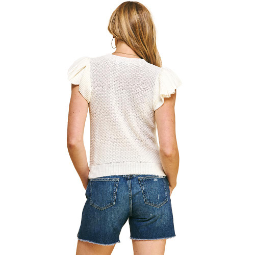 Women's Pinch Ruffle Sleeve Crochet Sweater Top Ivory Back