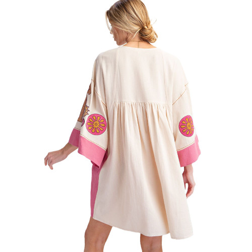Women's Easel Embroidered Poly Linen Woven Dress Ivory Pink Back