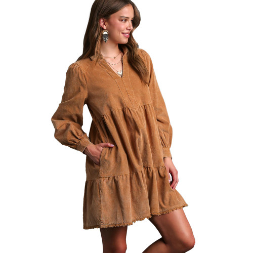 Women's Umgee Mineral Wash Corduroy Mini Dress Camel Main